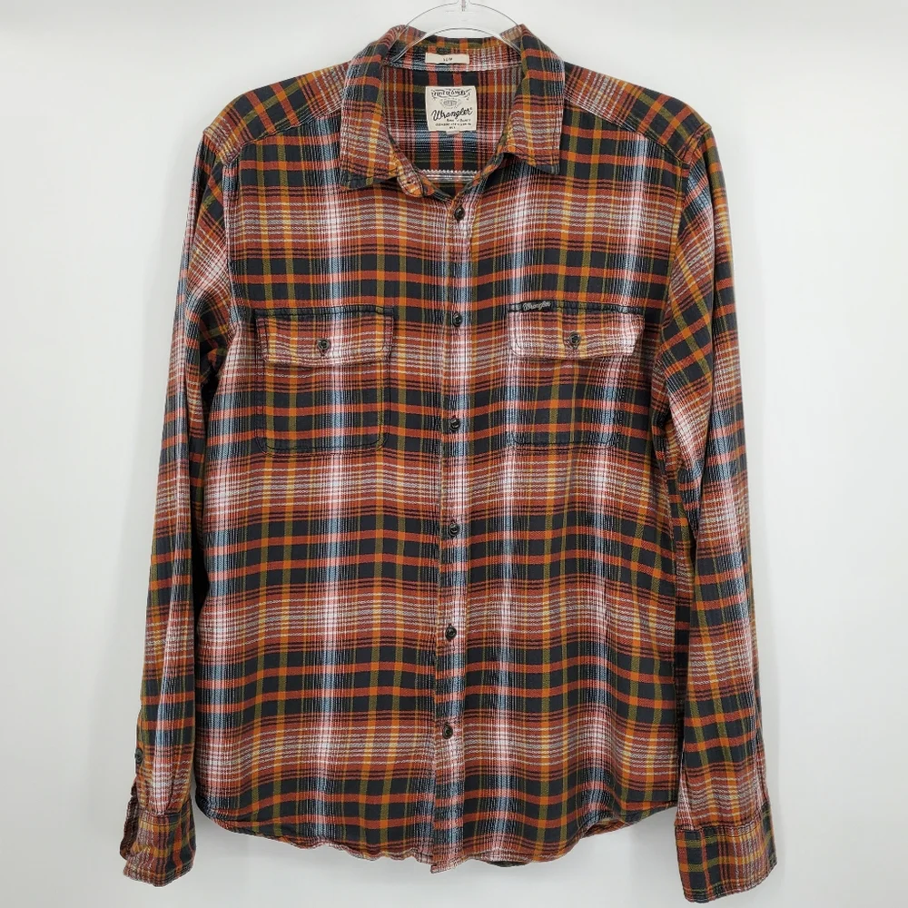 Wrangler Slim Fit Button Front Shirt Flannel Mens Large Plaid Long Sleeve - Picture 1 of 6